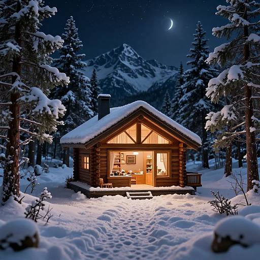 Photorealistic digital image of a cozy, wooden cabin illuminated by warm light, nestled in a snowy forest under a starry night sky with a cres