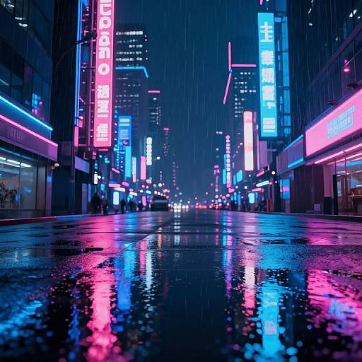 Neon-lit, rainy city street at night with vibrant blue, pink, and purple reflections on wet pavement, vertical neon signs, and distant city