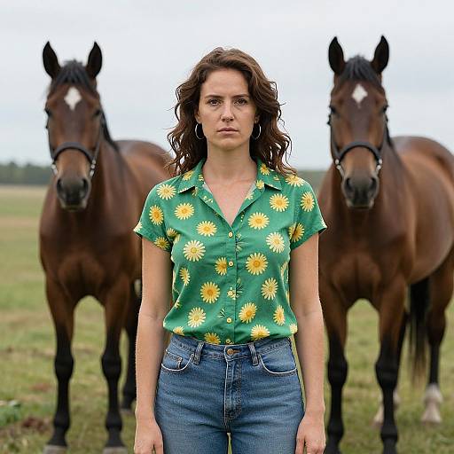 Photograph of a serious woman with wavy brown hair, wearing a green daisy-patterned shirt and blue jeans, standing between two brown horses with