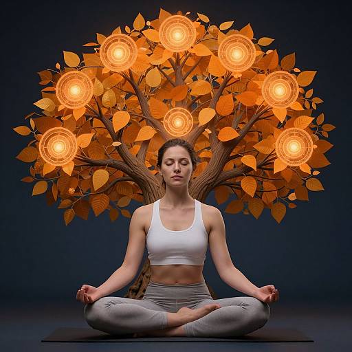 Photograph of a serene woman in white sports bra and gray pants, meditating with crossed legs, in front of a glowing, orange-leafed