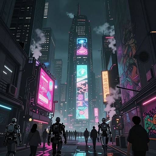 Neon-lit, cyberpunk city street at night, featuring vibrant, colorful billboards, steam rising, and silhouetted pedestrians walking amid