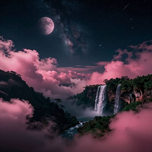 Digital artwork of a mystical night scene with a glowing moon, pink clouds, a cascading waterfall, and a starry sky over a forested landscape