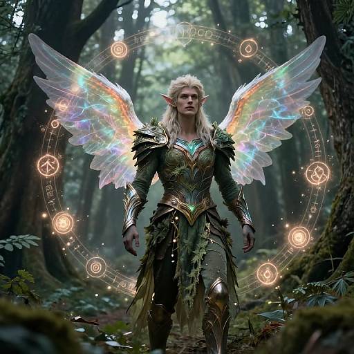 Digital fantasy art of a blonde, elven woman with glowing rainbow wings, wearing ornate, leafy armor, standing in a mystical forest. Eth