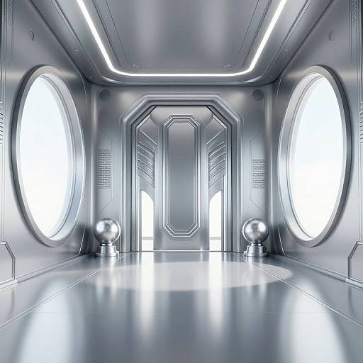 Photorealistic CGI of a sleek, futuristic metallic room with oval windows, illuminated ceiling, and two spherical objects on the floor.