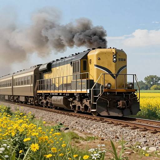 Photograph of a yellow and black diesel train with black smoke emitting, passing through a vibrant yellow flower field under a clear blue sky.