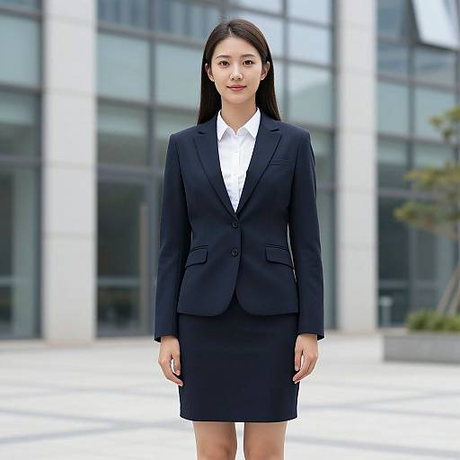 Photograph of an Asian woman with long black hair, wearing a black blazer and skirt, white shirt, standing in front of a modern glass building