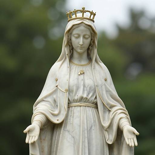 Photograph of a white marble statue of a serene, crowned woman with a hooded cloak, outstretched arms, set against a blurred green background