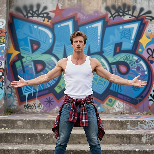Muscular Man Amidst Colorful Graffiti