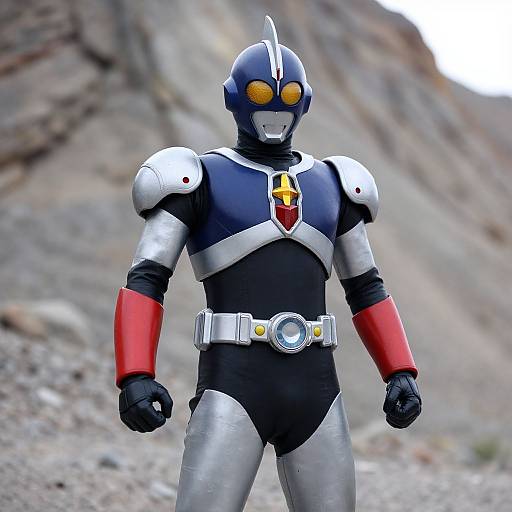Photograph of a Kamen Rider superhero in black and silver armor with red gloves, yellow goggles, and a yellow cross emblem, standing in a rocky