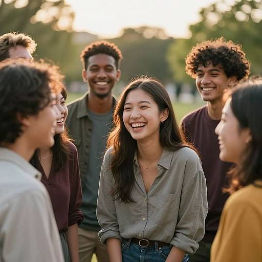 Photograph of six diverse young adults laughing outdoors at sunset, with a smiling Asian woman in a gray shirt at center.