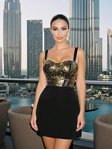 Photograph of a woman with dark hair in an updo, wearing a black strapless sequin top and black skirt, standing in a modern city