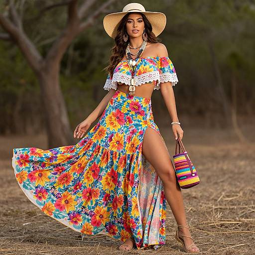 Photograph of a woman in a colorful floral off-the-shoulder dress and straw hat, standing outdoors with trees in the background. She holds a