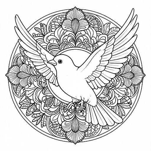 Black and white line drawing of a detailed, symmetrical bird with outstretched wings, surrounded by intricate floral patterns within a circular frame.