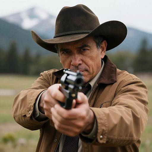 Cowboy Aiming Revolver Outdoors