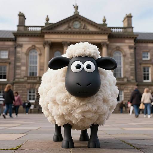 CGI cartoon sheep with black face and large white wool, standing in front of a grand historic building, people in background.