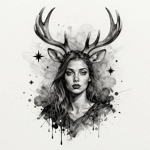 Black and white digital drawing of a woman with deer antlers, long wavy hair, and star-shaped splatters around her.