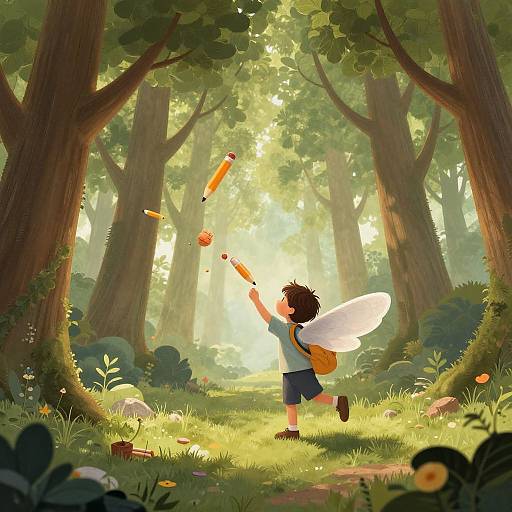Digital illustration of a young fairy boy with white wings, blue shirt, and shorts, joyfully throwing paintbrushes in a sunlit, enchanted forest