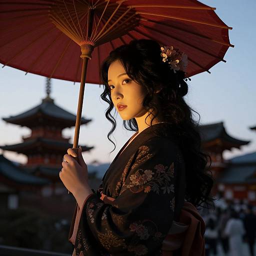 Photograph of an East Asian woman with long, wavy black hair, wearing a floral kimono, holding a red paper umbrella, against a sunset