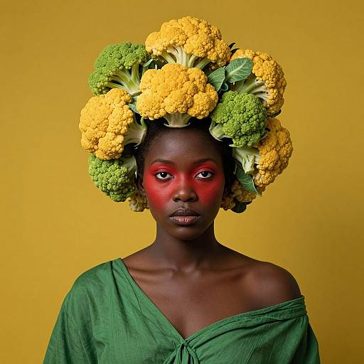 Photograph of a dark-skinned woman with red face paint, wearing a vibrant yellow and green broccoli headdress, and a green off-shoulder