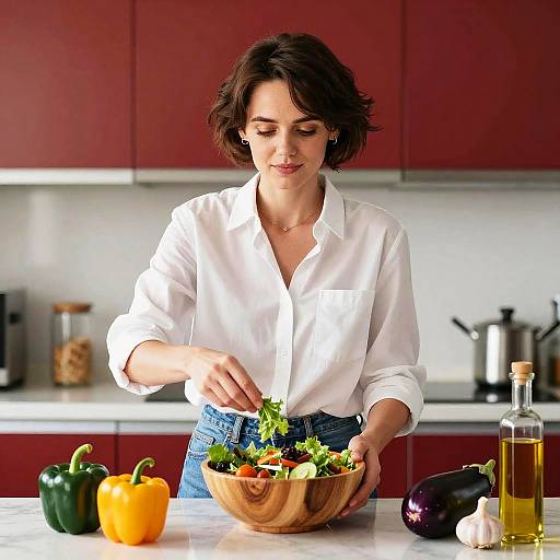 Photograph of a short-haired woman in a white blouse, preparing a salad in a modern kitchen with red cabinets.