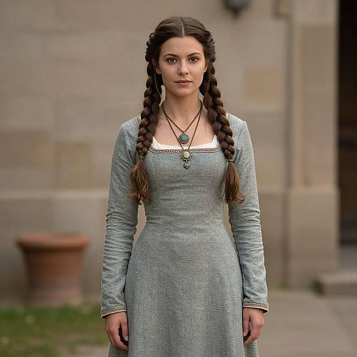 Photograph of a young woman with braided brown hair, wearing a light blue, long-sleeved, medieval-style dress, standing in front of
