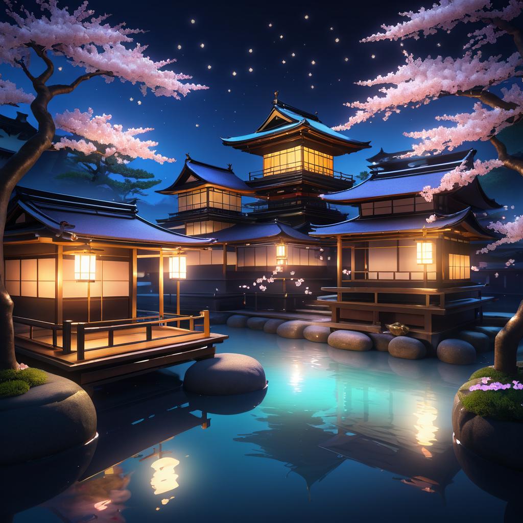 Magical Nighttime Onsen with Cherry Blossoms