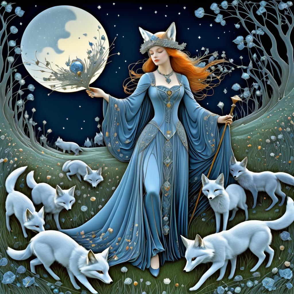 Elegant Moonlit Sorceress with Foxes