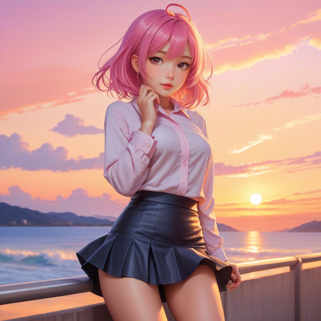 Playful Pink-Haired Girl in Sunset Glow