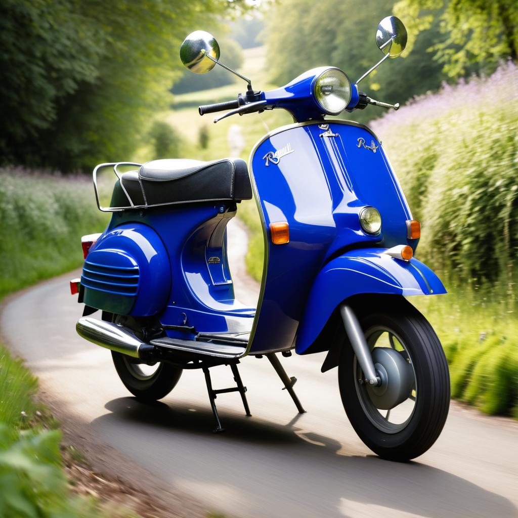 Royal Blue Moped Racing Through Countryside