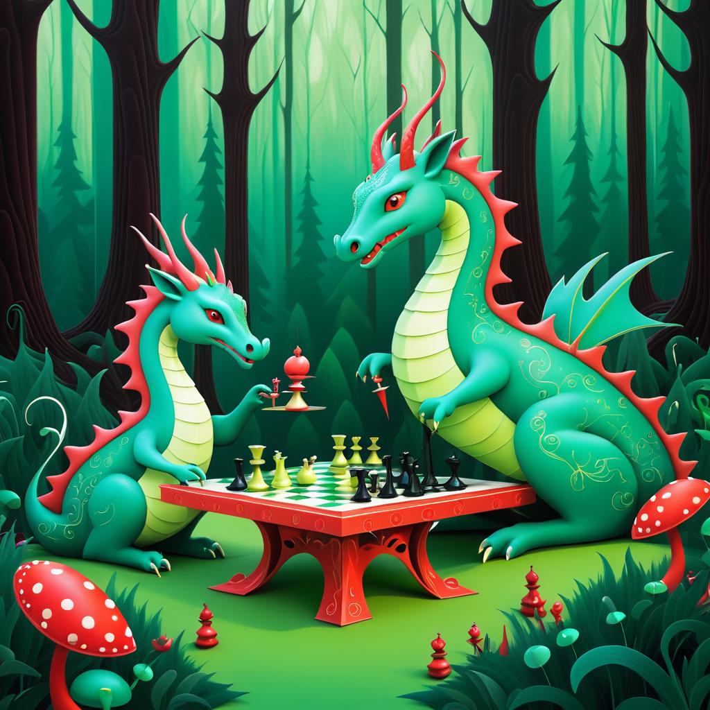 Whimsical Dragon Chess in Vibrant Forest