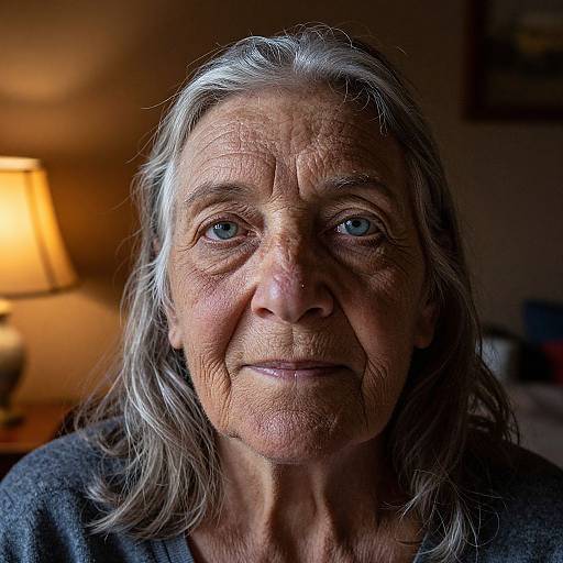 Close-up photograph of an elderly woman with gray hair, blue eyes, wrinkled skin, wearing a dark gray shirt, illuminated by a warm, blurred