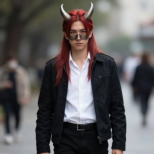 Photograph of a red-haired person with black horns, white shirt, black jacket, and goggles, standing on a blurred city street.