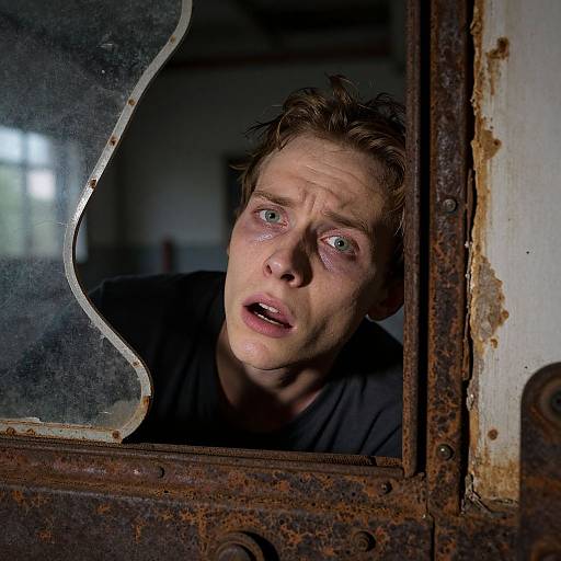 Photograph of a startled, pale-faced man with messy brown hair, looking through a rusty, broken window, mouth open in shock, dimly lit