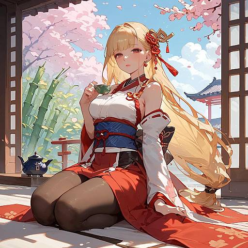 Expressionless Anime Girl in Traditional Japanese Attire