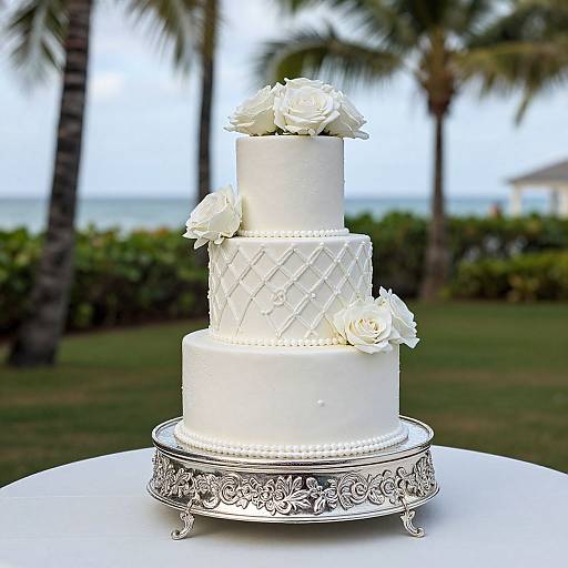 Photograph of a three-tiered white wedding cake with quilted diamond pattern, white roses, and pearl accents, on an ornate silver stand,