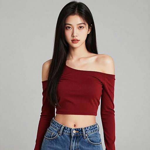 Photograph of an Asian woman with long black hair, wearing an off-shoulder maroon crop top and blue jeans, standing against a plain light
