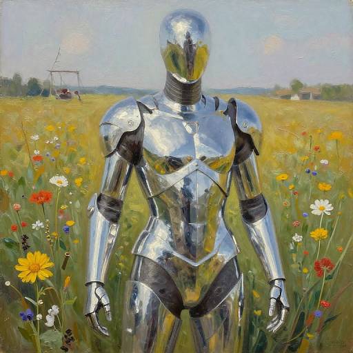 Painting of a shiny, reflective humanoid robot standing in a vibrant, colorful meadow with wildflowers, under a clear blue sky.