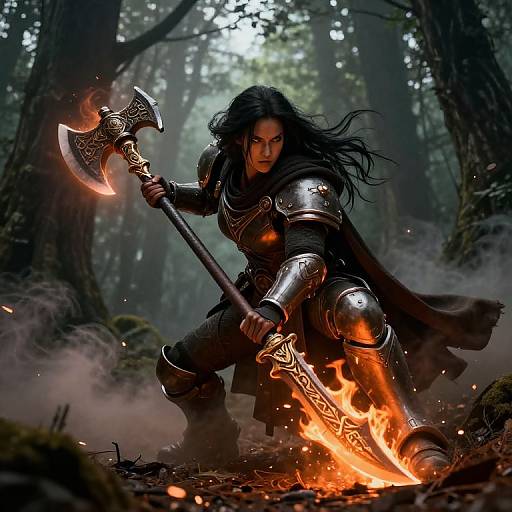 Digital fantasy artwork of a fierce, dark-haired warrior in metallic armor, wielding a blazing axe, standing amidst a forest fire.