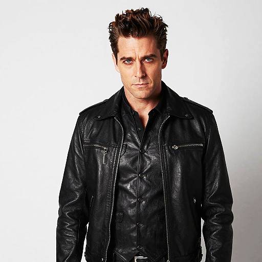 Photograph of a rugged, light-skinned man with tousled brown hair, wearing a black leather jacket over a black shirt, against a white background