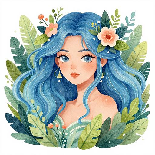 Enchanting Woman with Floral Blue Hair