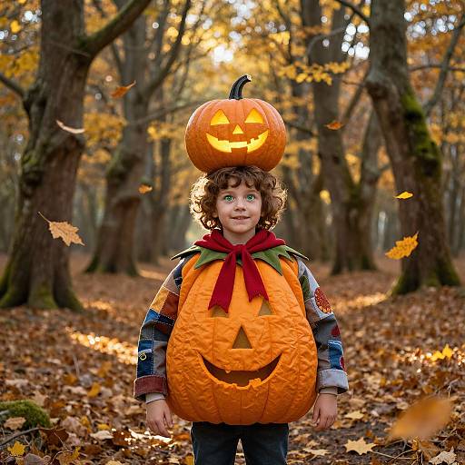 Whimsical Autumn Boy in Pumpkin Costume