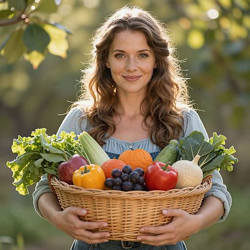 Photograph of a smiling, wavy-haired woman with fair skin holding a wicker basket filled with colorful fresh vegetables and fruits, set against a sun