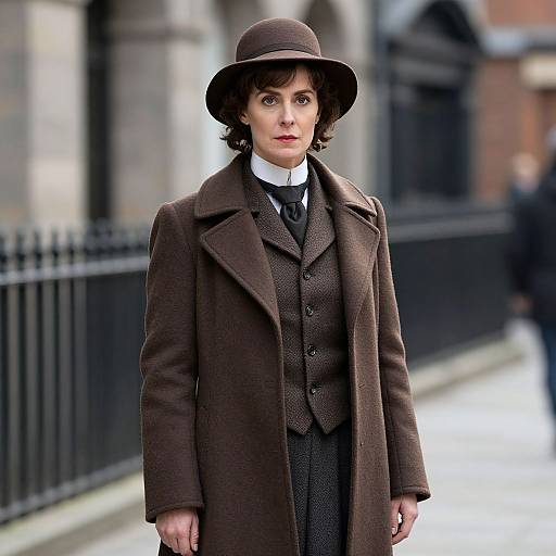 Photograph of a young woman with fair skin, brown eyes, and curly brown hair, wearing a brown hat, Victorian-style brown coat, waistcoat