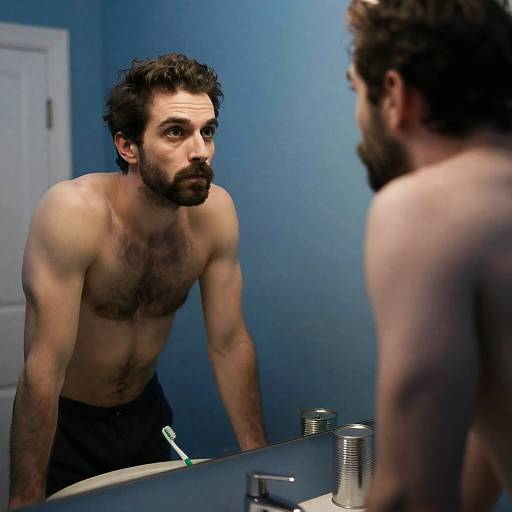 Reflective Moment in a Blue Bathroom