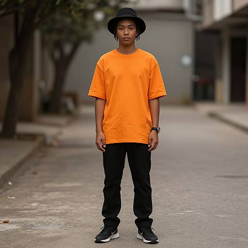 Young Man in Orange Shirt and Black Pants with Hat