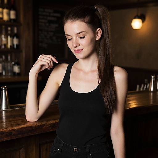 Photograph of a fair-skinned woman with long dark hair in a ponytail, wearing a black tank top, sitting at a dimly-lit