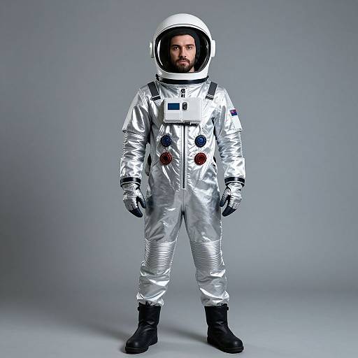 Photograph of a serious bearded man in a silver astronaut suit with a white helmet, black boots, and colorful patches, standing against a gray studio