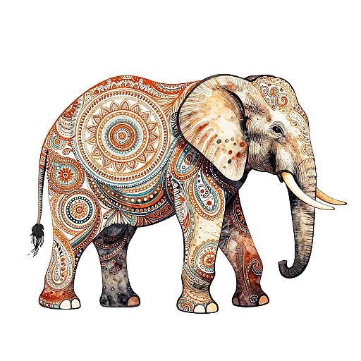 Detailed, colorful digital drawing of an elephant adorned with intricate, circular, and spiral patterns in orange, blue, and white.