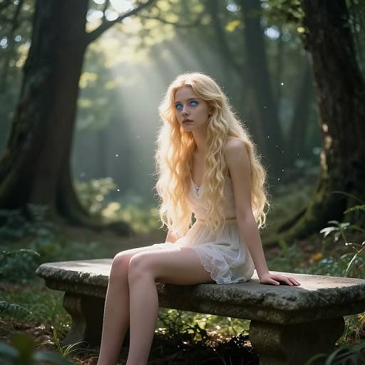 Photograph of a blonde woman with long wavy hair, blue eyes, and a sheer white dress, sitting on a stone bench in a sunlit