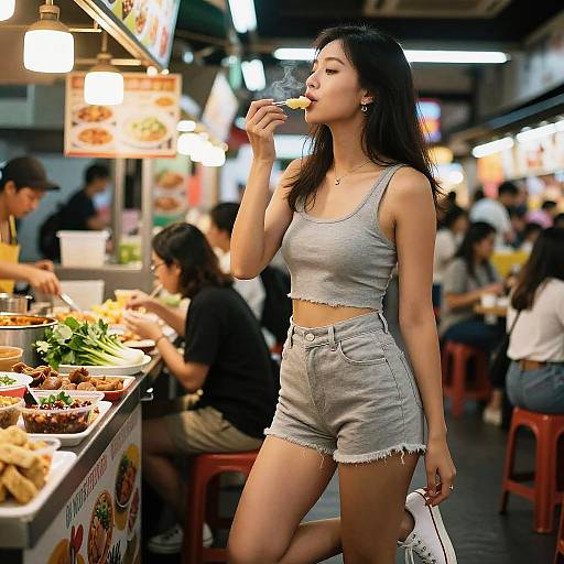 Woman Enjoying Street Food at Singapore Hawker Center